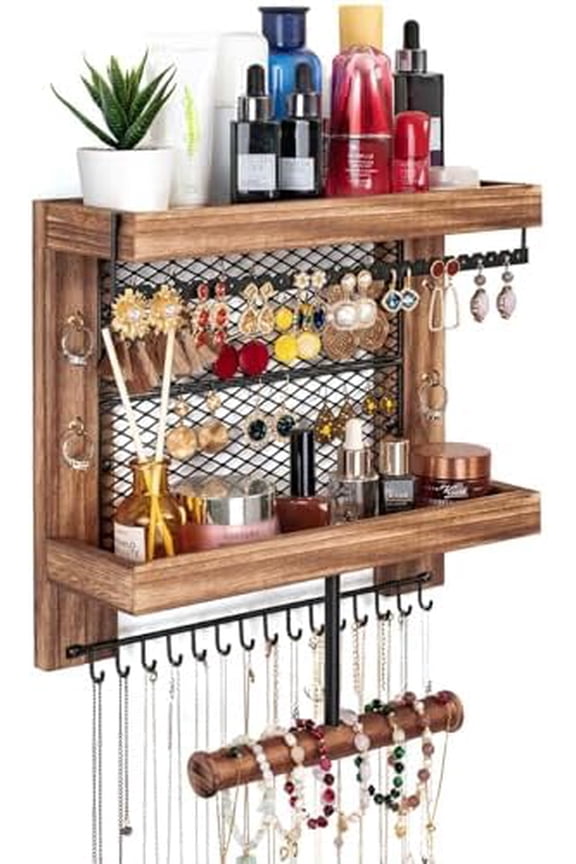 Hanging Jewelry Organizer Wall Mounted With Wall Jewelry Organizer Holder For Necklaces Bracelet Earrings Ring (Rustic Wood)