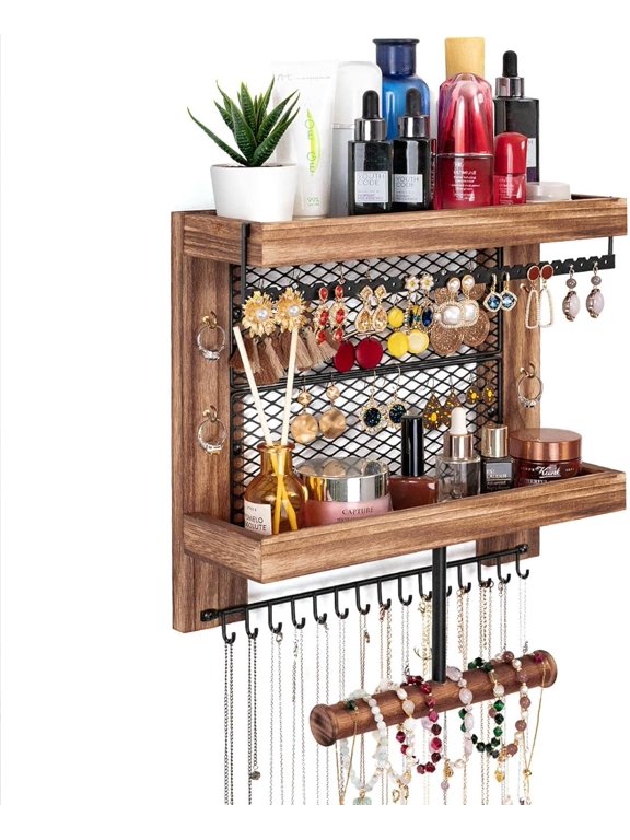 Hanging Jewelry Organizer Wall Mounted With Wall Jewelry Organizer Holder For Necklaces Bracelet Earrings Ring (Rustic Wood)