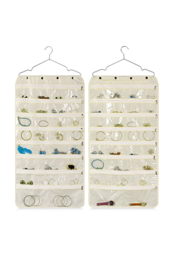 Hanging Jewelry Organizer with Zippered Pockets - (1 Pack) Beige Closet Jewelry Organizer Storage with Hanger, 56 Pockets Dual Sided Earring Organizer Hanging for Bracelet, Watches, Ring