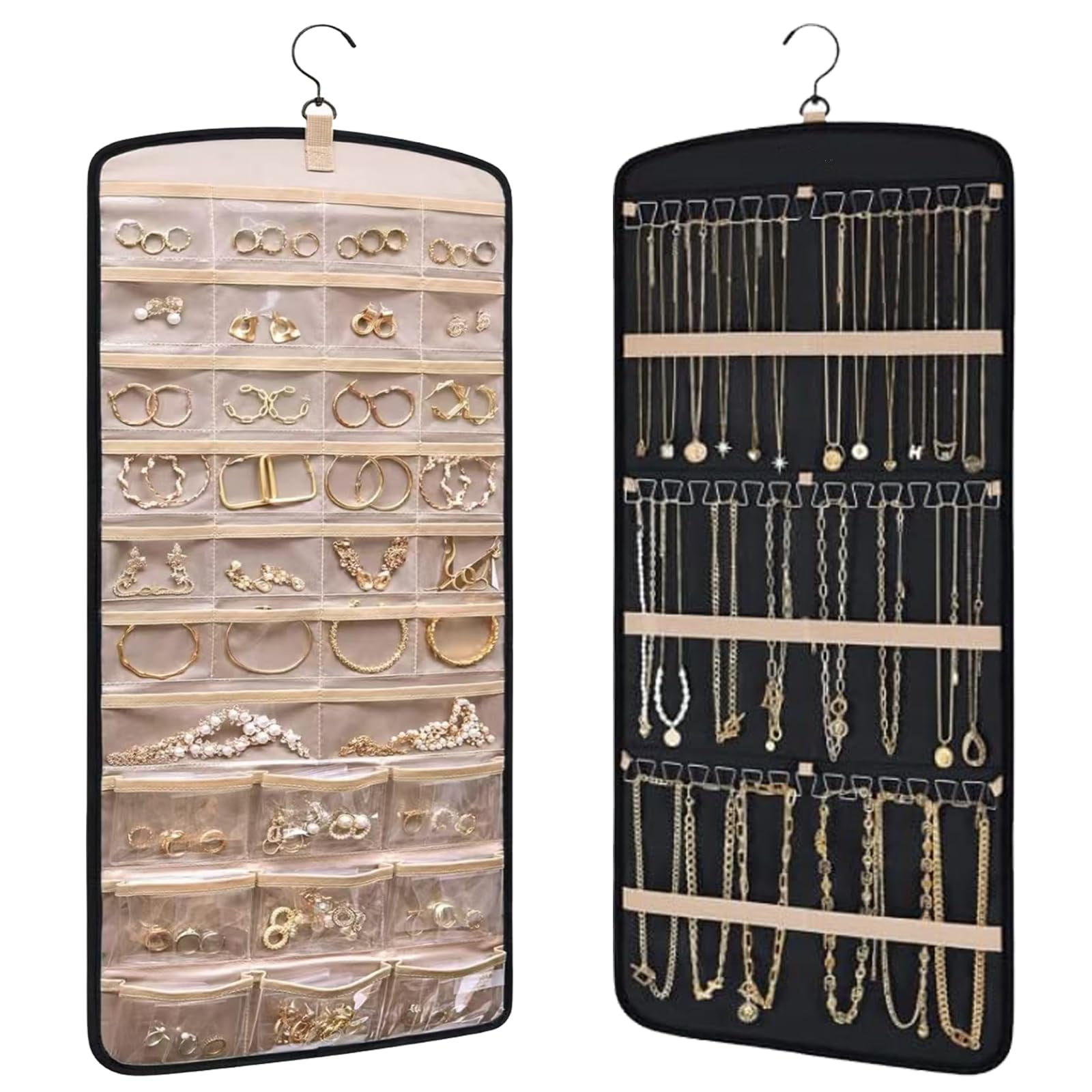 Hanging Jewelry Organizer with 39 Pouches, 36 Necklace Hooks, Double Sided Necklace holder
