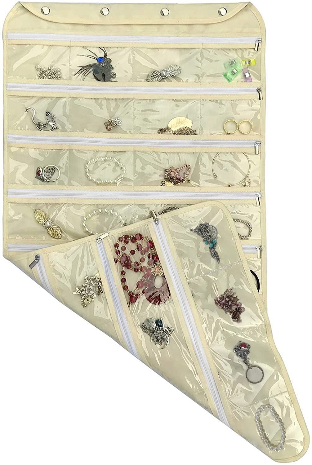 Hanging Jewelry Organizer with Oxford Double Side 80 Zippered Storage Pocket (black)