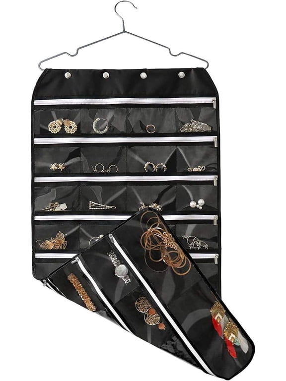 Hanging Jewelry Organizer with Zipper,Dual-Sided 56 Clear Pockets for Earrings Necklace Bracelet Ring Accessory Display (Black) Black