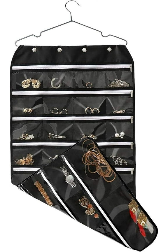 Hanging Jewelry Organizer with Zipper,Dual-Sided 56 Clear Pockets for Earrings Necklace Bracelet Ring Accessory Display (Black) Black