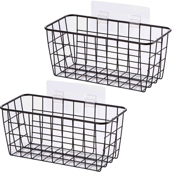 Hanging Kitchen Baskets Wire Storage Basket Over the Cabinet Door Organizer, No Drilling Adhesive Basket for Cabinet Pantry Organization and Kitchen, Bathroom, Storage, 2 Pack, Black