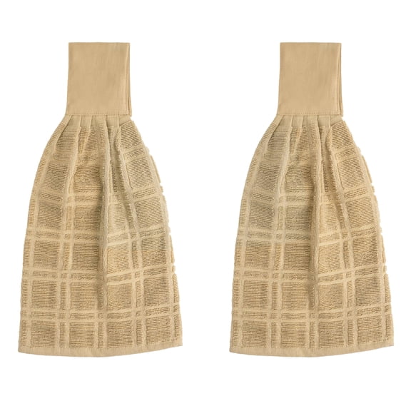 Hanging Kitchen Towels - Beige 100% Cotton Solid Kitchen Tie Towel, Set of 2 Hand Dish Cloth with Hanging Loops 9 x 17 Inches, Absorbent, Super Soft, and Fast Drying Home Essential