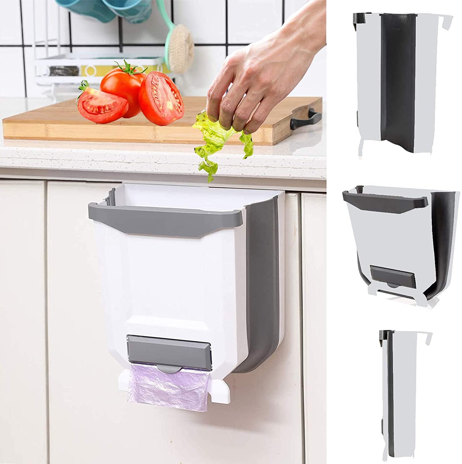 Hanging Kitchen Trash Can,2.4 Gallon Collapsible Waste Bin,Small Plastic Folding Hang Garbage