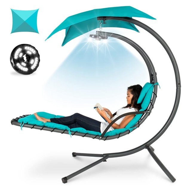 Hanging LEDLit Curved Chaise Lounge Chair Swing for Backyard, Patio