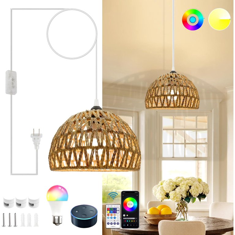 Rattan Hanging Lamp With Plug-in Cord - Includes Smart RGB Bulb & Remote, Dimmable, For Bedroom, Living Room, Farmhouse