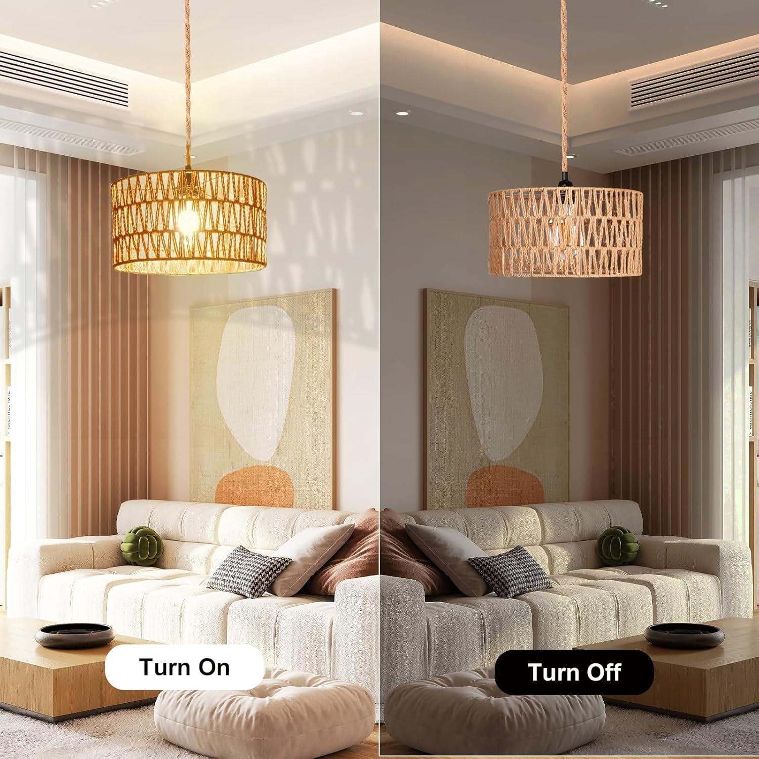 Hanging Lamps Rattan Pendant Light Hanging Lights 16.4ft Plug in Cord Pendant Light Fixture Plug Into Wall Outlet Pendant Lighting with On Off Switch for Bedroom Living (Cylindrical Shade)