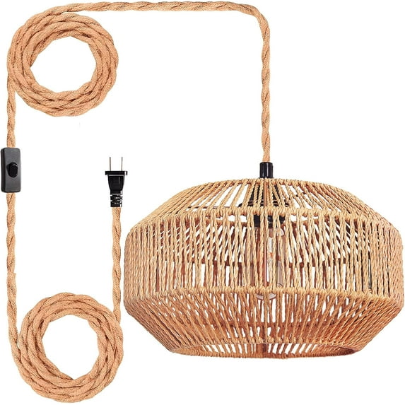 Hanging Lamps Rattan Pendant Light Hanging Lights 16.4ft Plug in Cord Pendant Light Fixture Plug Into Wall Outlet Pendant Lighting with On Off Switch for Bedroom Living (Pumpkin Shade)