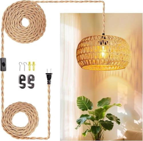 Hanging Lamps Rattan Pendant Light Hanging Lights 16.4ft Plug in Cord ...