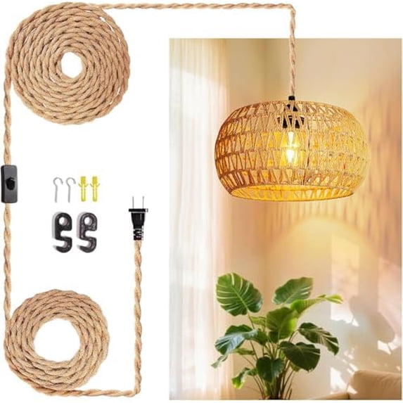 Hanging Lamps Rattan Pendant Light Hanging Lights 16.4ft Plug in Cord ...