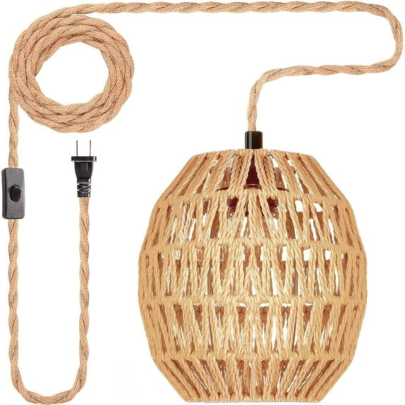 Hanging Lamps Rattan Pendant Light: Hanging Lights 16.4ft Plug In Cord Pendant Light Fixture Plug Into Wall Outlet Pendant Lighting With On Off Switch for Bedroom Living Room Kitchen-Egg Shade