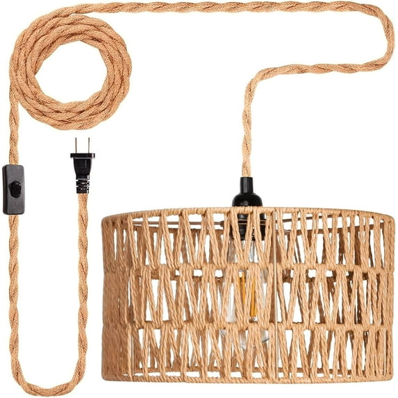 Hanging Lamps Rattan Pendant Light: Hanging Lights 16ft Plug In Cord Pendant Light Fixture Plug Into Wall Outlet Pendant Lighting With On Off Switch for Bedroom Living Room Kitchen-Cylindrical