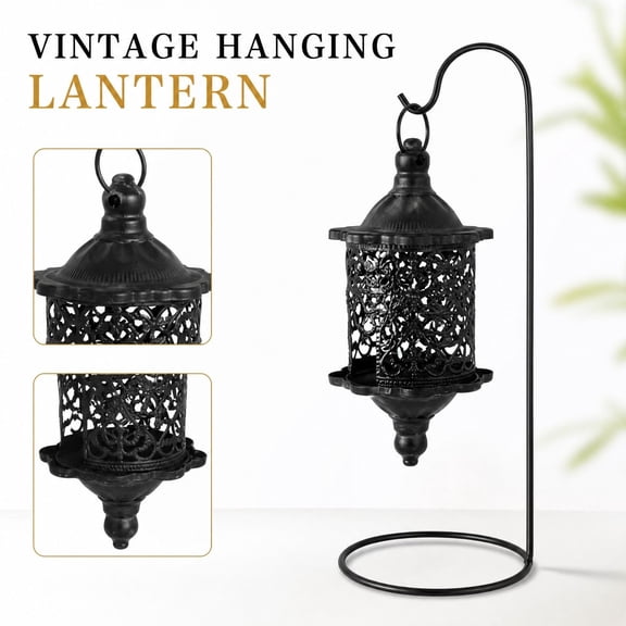 Hanging Lantern Candle Holder, Black Vintage Metal Decorative Candle Stand for Tabletop Home Event Display and Festive Decor