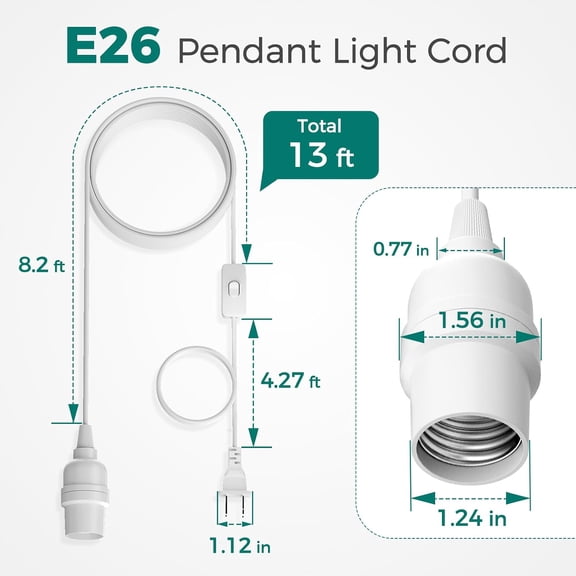 Hanging Lantern Extension Cord Cable, E26 Pendant Light Socket On Off Inline Cord Switch Control Lamp, Switch Close to Polarized Plug, 13 Feet, White, 1-Pack