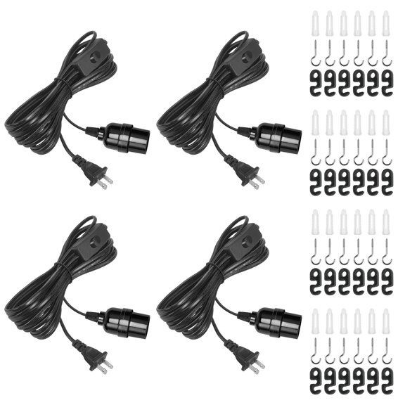 Hanging Lantern Extension Cord Cable E26 Pendant Light Socket On Off Inline Control Lamp Close To Polarized Plug 20 Feet (6m) Black 4-pack
