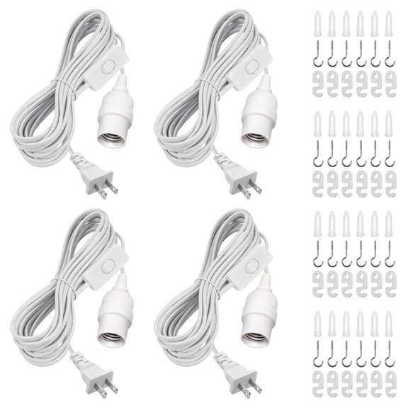 Hanging Lantern Extension Cord Cable E26 Pendant Light Socket On Off Inline Control Lamp Close To Polarized Plug 20 Feet (6m) White 4-pack