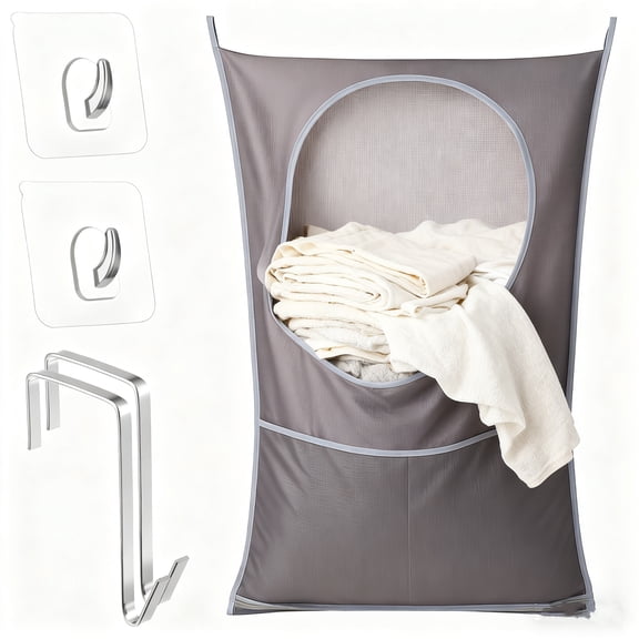 Hanging Laundry Hamper, 30 x 20 inch Large Hanging Laundry Bag with 2 Types Hooks Tear-Resistance Over The Door Laundry-Hamper for Dirty Clothes Organization and Storage(Grey)