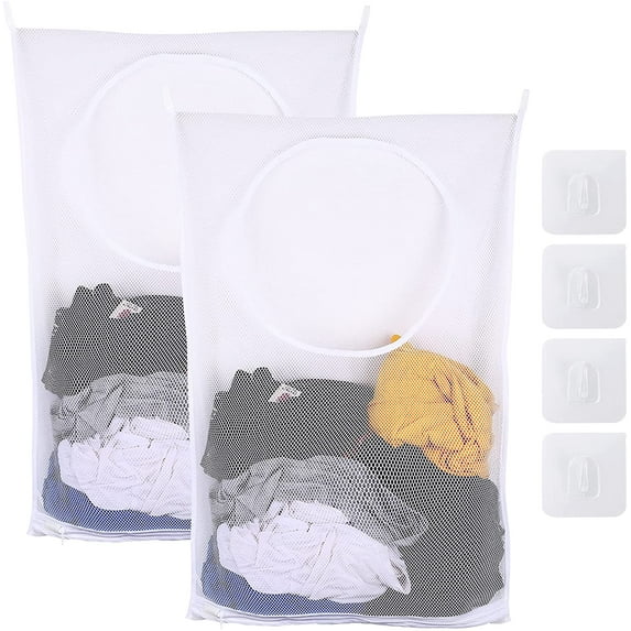 Hanging Laundry Hamper Bag,Mesh and breathable hanging laundry hamper,Comes with 2free hooks,over the door laundry hamper,space saving,bathroom laundry hamper,Large,white