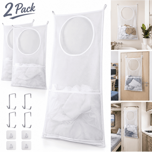 Hanging Laundry Hamper, Over The Door Laundry Hamper, Mesh Hanging Laundry Bag with Pocket Zipper Foldable Lightweight, For Rv Camper Apartment College Dorm Room Storage Small Space Organizer, 2 Pack