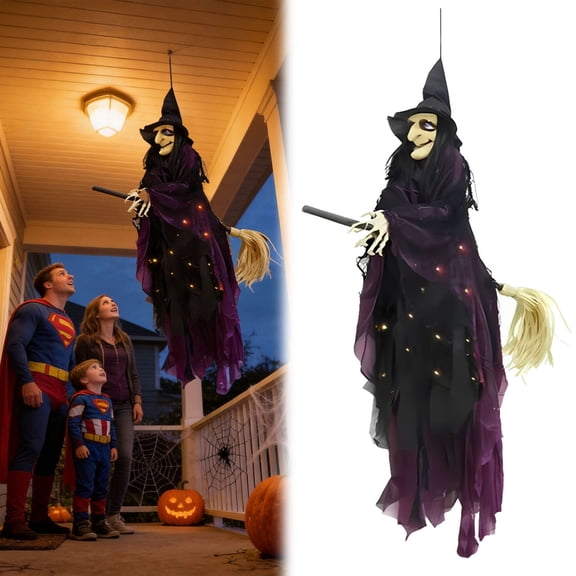 Hanging Life Size Talking Witch Animatronic, Spooky Flying Witch with Broomstick Sound Activation, Touch Activated Lights Battery Operated for Indoor Outdoor Halloween Decoration