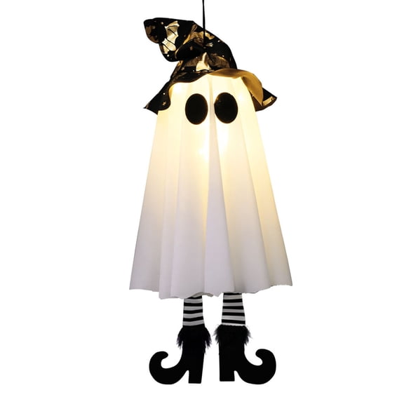 Hanging Light Up Ghost Witch Hat Halloween Decor, Warm White LED Glowing Ghost Pendant with High Heels, 3 Lighting Modes Adjustable, for Indoor Outdoor Yard Tree Spooky Party Decor, 18.1" H