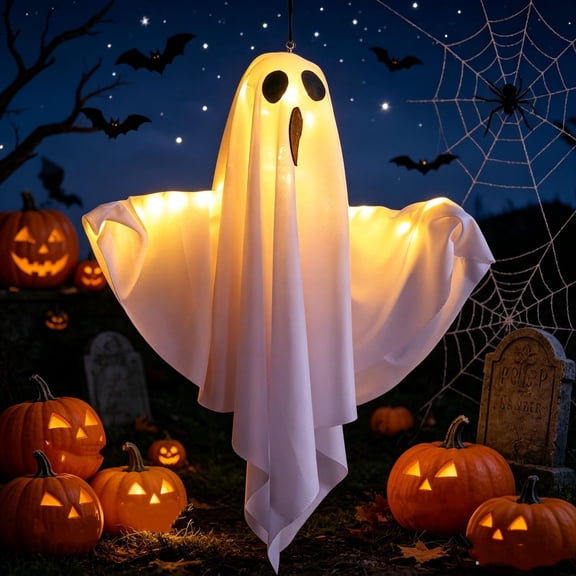 Hanging Light Up Halloween Ghost Decor, Warm White LED Flying Ghost Ornament, Spooky Indoor Outdoor Halloween Decorations, Wall Door Window Hanging Ghost Light
