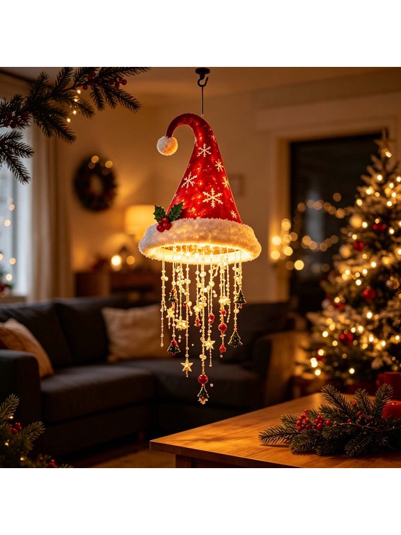 Hanging Lighted Christmas Santa Hat Decoration, LED Christmas Hat Lamp with Beaded Tassels & Ornaments for Home Ceiling Window Decor