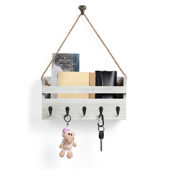 Hanging Mail Organizer, Antique Wood Mail Rack Wall Mount with Metal Hooks, Wall Key Holder