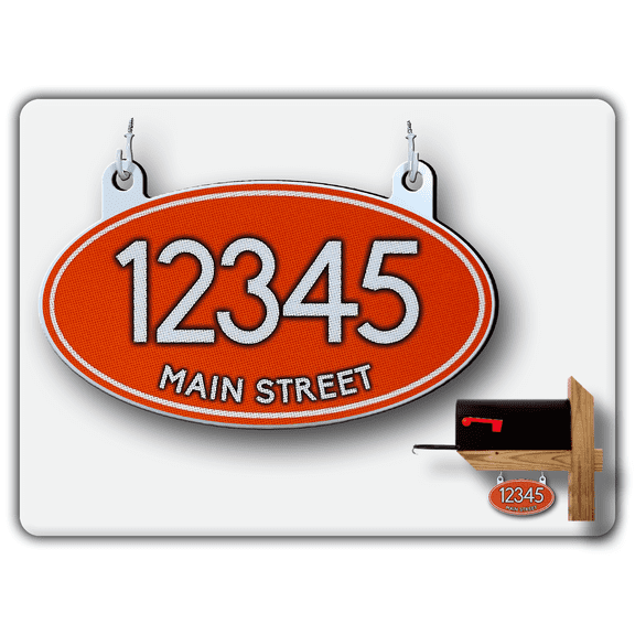 Hanging Mailbox Numbers, Super Reflective Customized Oval Mailbox Numbers Plaque for Outside, 8”x5” Double Sided Aluminum Sign 12-month Warranty (Orange)