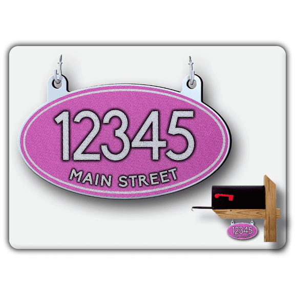 Hanging Mailbox Numbers, Super Reflective Customized Oval Mailbox Numbers Plaque for Outside, 8”x5” Double Sided Aluminum Sign 12-month Warranty (Pink)