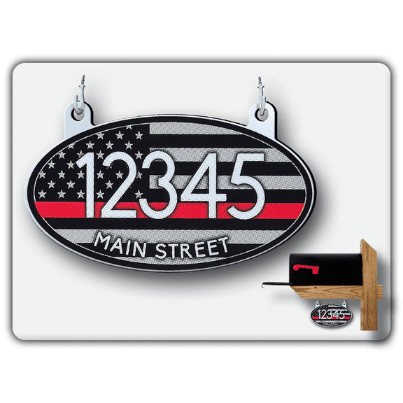 Hanging Mailbox Numbers, Super Reflective Customized Oval Mailbox Numbers Plaque for Outside, 8”x5” Double Sided Aluminum Sign 12-month Warranty (Thin Red Line)