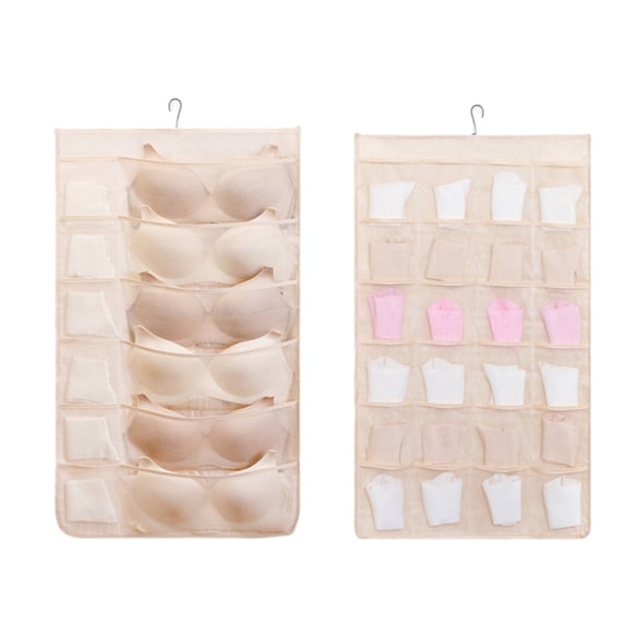 Hanging Mesh Double Sided Storage Organizer, 36 Compartments Beige Underwear Bra Sock Storage Bag For Closet, 1 Pack