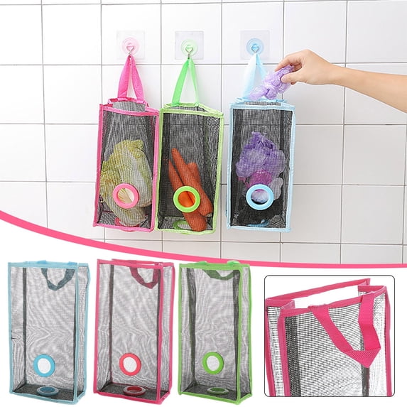 Hanging Mesh Plastic Bag Holder Dispenser with Easy-Extract Opening, Reusable Grocery Bag & Trash Bag Storage Organizer for Kitchen Pantry or Laundry Room