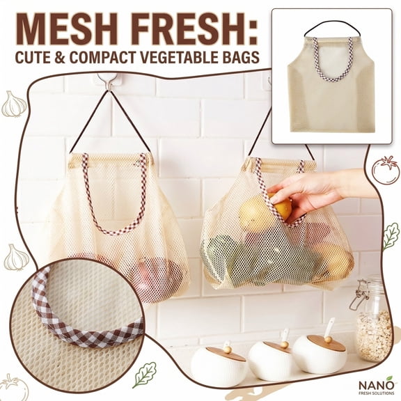 Hanging Mesh Produce Bag for Kitchen Storage, Breathable Polyester Fruit Vegetable Organizer with Handle, Space Saving Pantry Sack