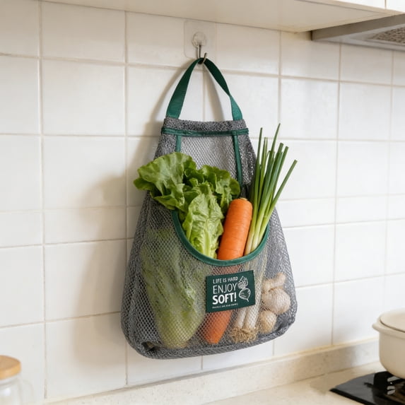 Hanging Mesh Produce Storage Bag for Onions Garlic Potatoes – Breathable Wall Mounted Kitchen Organizer with Compartments