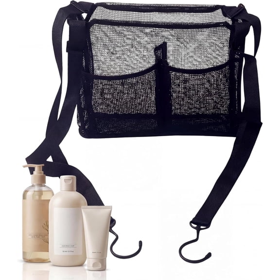 Hanging Mesh Shower Caddy With 4 Storage Pockets & Hooks, Adjustable Hanging Shower Storage Organizer for College Dorm, Gym, Swimming & RV Travel