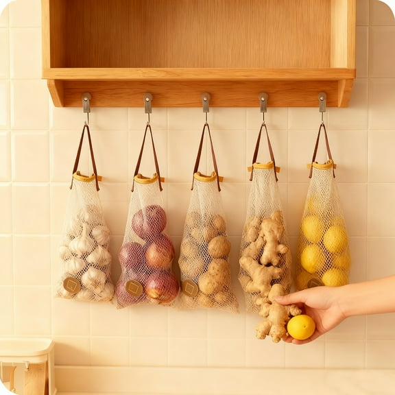 Mesh Potato and Onion Bags, 5-Pack Reusable Washable Produce Storage Bags for Ventilated Keep Fresh, Hanging Organizer for Pantry, Kitchen (Beige)