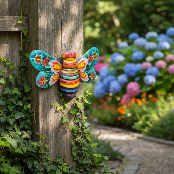 Hanging Metal Bee Wall Art,Iron Bee Art Sculpture for Outdoor Garden Fence Home Decors Colorful Honey Sculpture,Blue Red