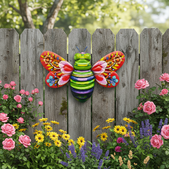 Hanging Metal Bee Wall Art,Iron Bee Art Sculpture for Outdoor Garden Fence Home Decors Colorful Honey Sculpture,Green