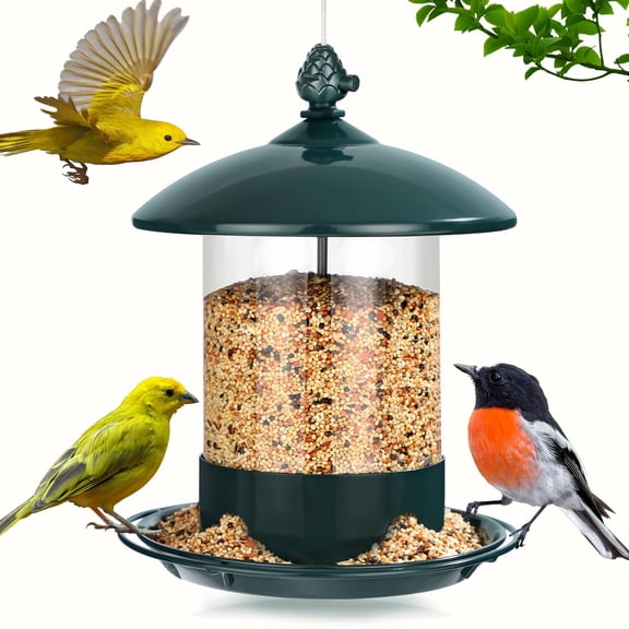 Hanging Metal Bird Feeder for Outdoors, Weather Resistant Wild Bird Feeder with 360 Degree Feeding Tray, Multi Bird Perch Design for Backyard Garden Attracting Finches, Sparrows and Cardinals