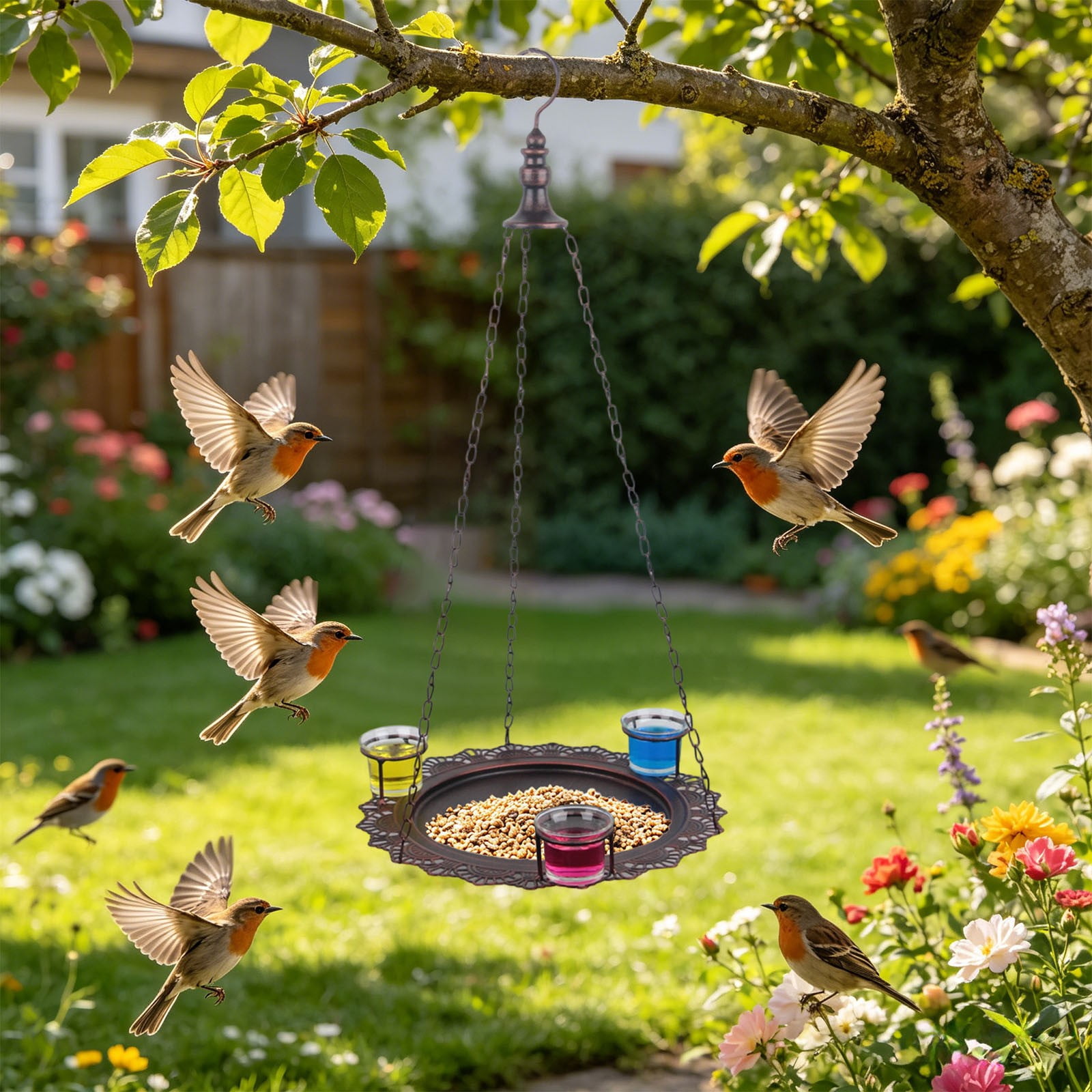 Hanging Metal Bird Feeder Tray with 3 Seed Cup Holders, Antique Bronze Wild Bird Feeding Station, Outdoor Garden Decorative Hanging Feeder