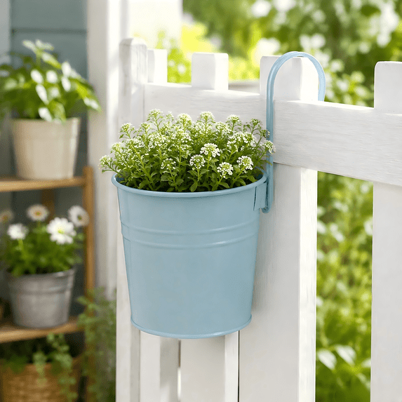 Hanging Metal Flower Pot with Detachable Hook, 6.3" Iron Wall Planter with Drainage Hole for Fence and Balcony, Colorful Indoor Outdoor Railing Bucket for Herbs and Plants, 1PC