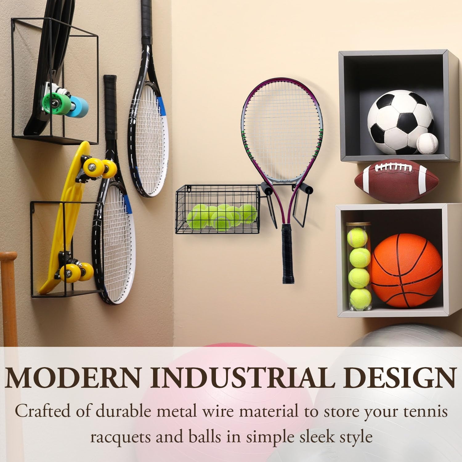 Hanging Metal Tennis Racquet and Tennis Ball Storage Basket Rack - Wall ...