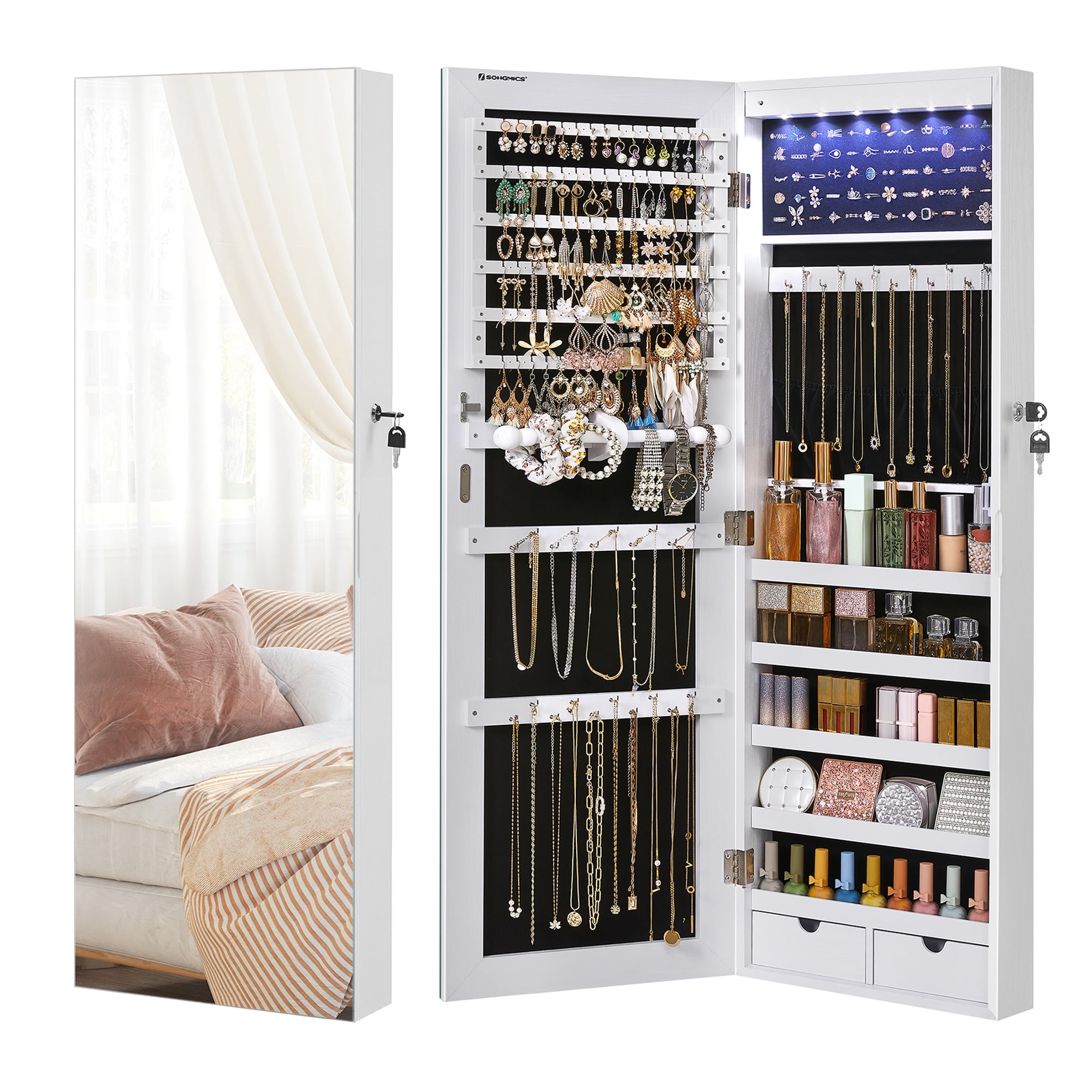 SONGMICS Full-Length Mirror Jewelry Cabinet, Wall or Door Mounted, LED ...