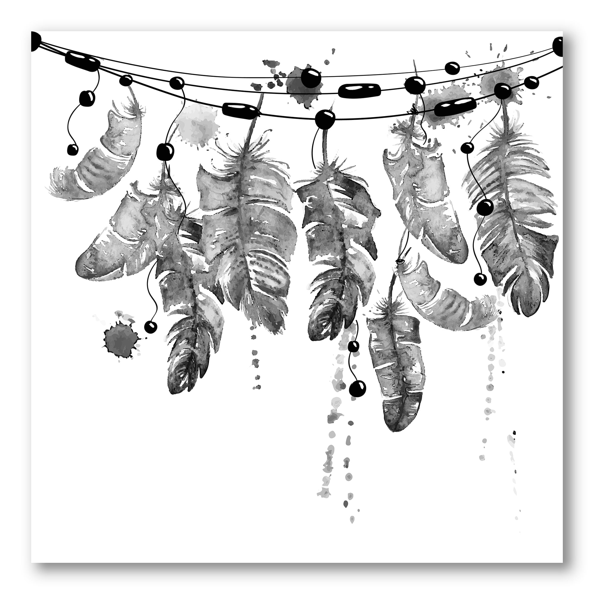 Hanging Monochrome Bird Feathers 30 in x 30 in Painting Canvas Art Print, by Designart