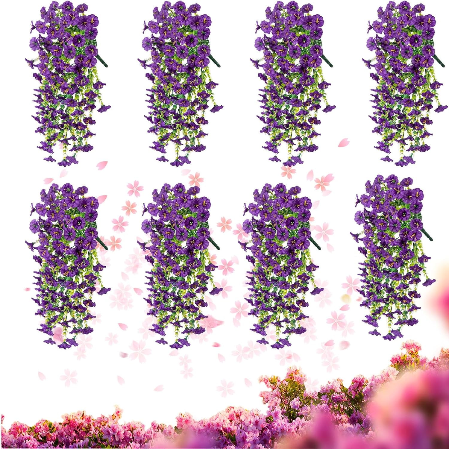 Hanging Morning Glory Artificial Flowers, Colorful Realistic Fake Petunias, Uv Resistant Wall Hanging Artificial Morning Glory with Vines for Decoration Outside Indoor Porch Yard