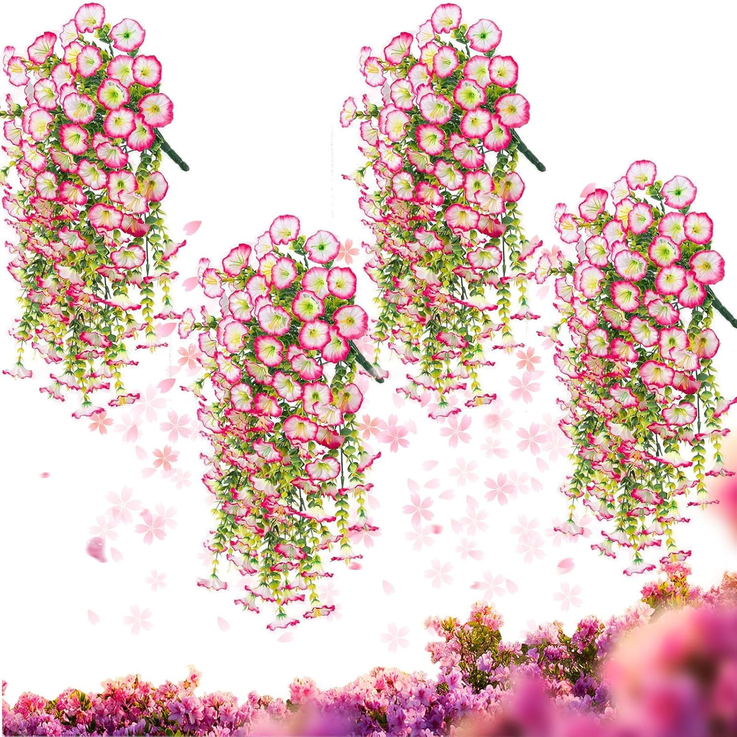 Hanging Morning Glory Artificial Flowers, Colorful Realistic Fake Petunias, Uv Resistant Wall Hanging Artificial Morning Glory with Vines for Decoration Outside Indoor Porch Yard