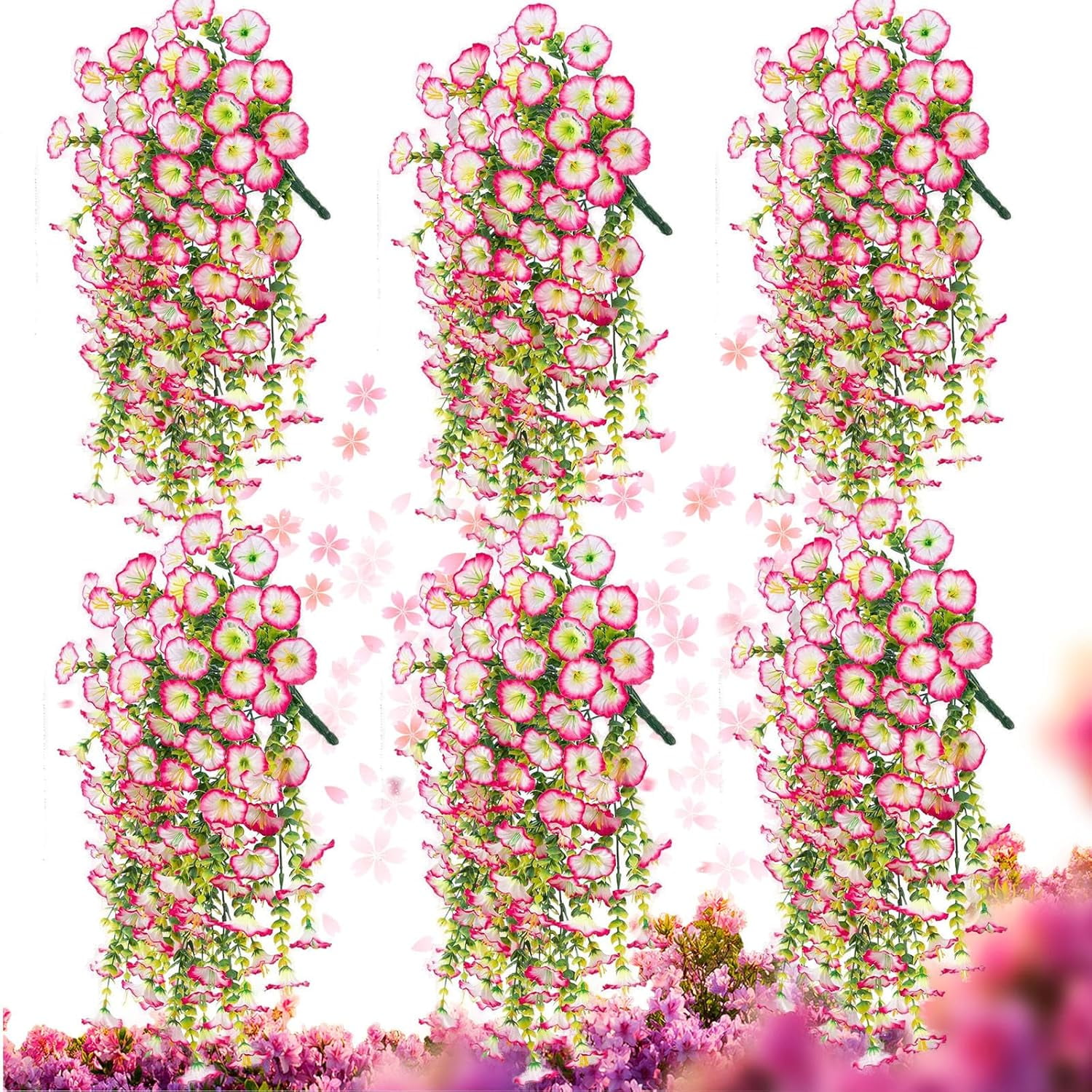 Hanging Morning Glory Artificial Flowers, Colorful Realistic Fake Petunias, Uv Resistant Wall Hanging Artificial Morning Glory with Vines for Decoration Outside Indoor Porch Yard